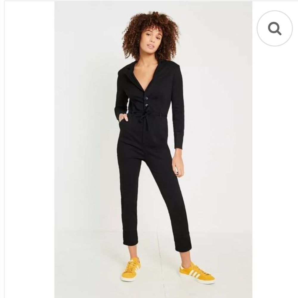 Free People Take Me Out Black Denim Fitted Jumpsuit Crop V Neck Button Up Size 2